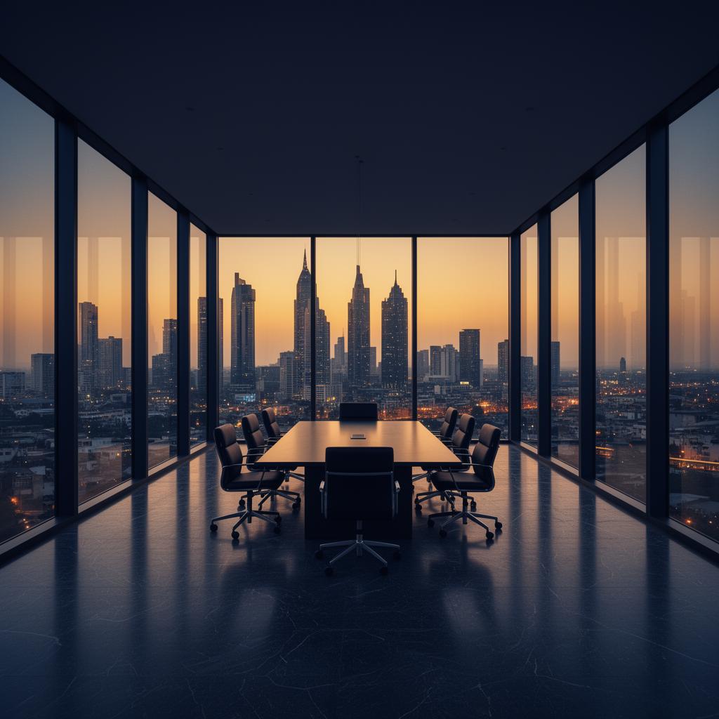 Executive boardroom overlooking an African financial district skyline at dusk